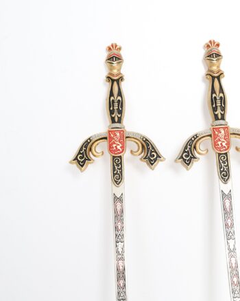 Pair of Decorative Miniature Knight Swords with Heraldic Red Lion Shields