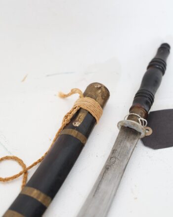 Curved Steel Blade Knife with Wooden Scabbard and Brass Fittings