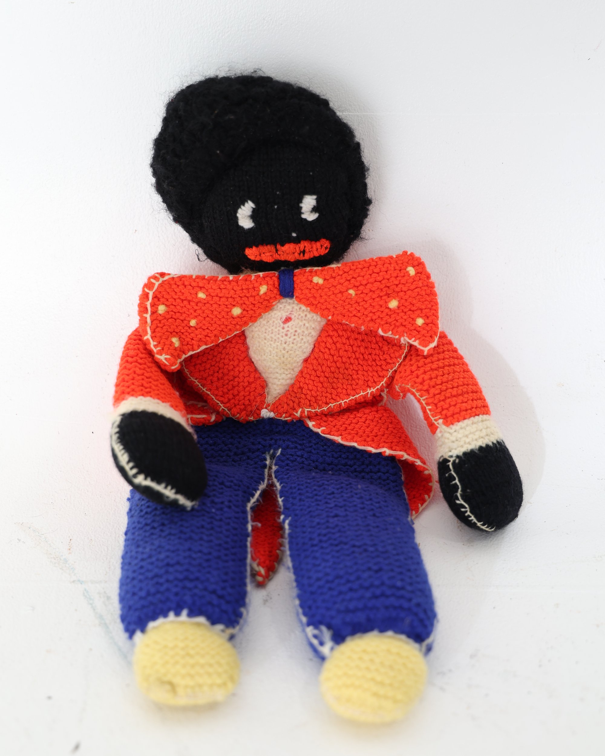 Vintage Knitted Golliwog Doll in Red Jacket and Blue Trousers