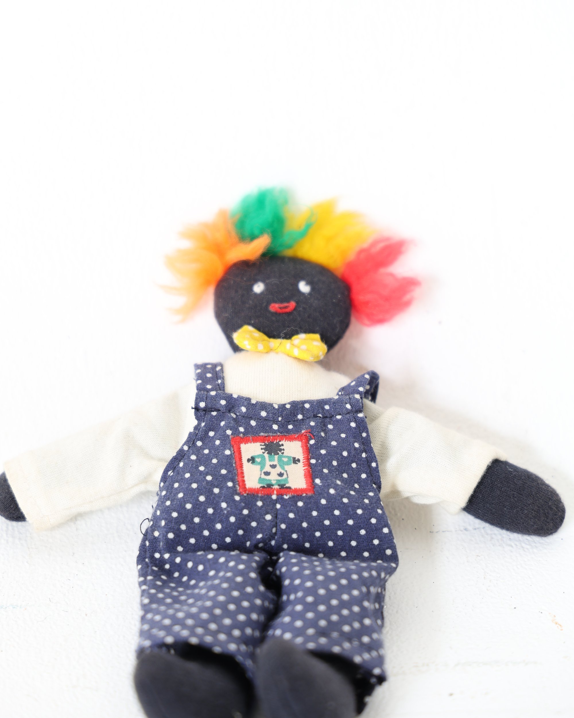 Cloth Rag Golly Doll in Blue Polka Dot Dungarees with Multicoloured Hair
