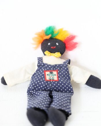 Cloth Rag Golly Doll in Blue Polka Dot Dungarees with Multicoloured Hair