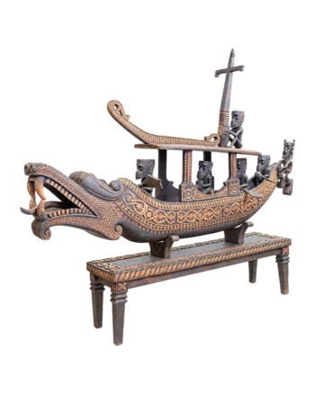 Large Hand Carved Wooden Dragon Boat Sculpture on Stand