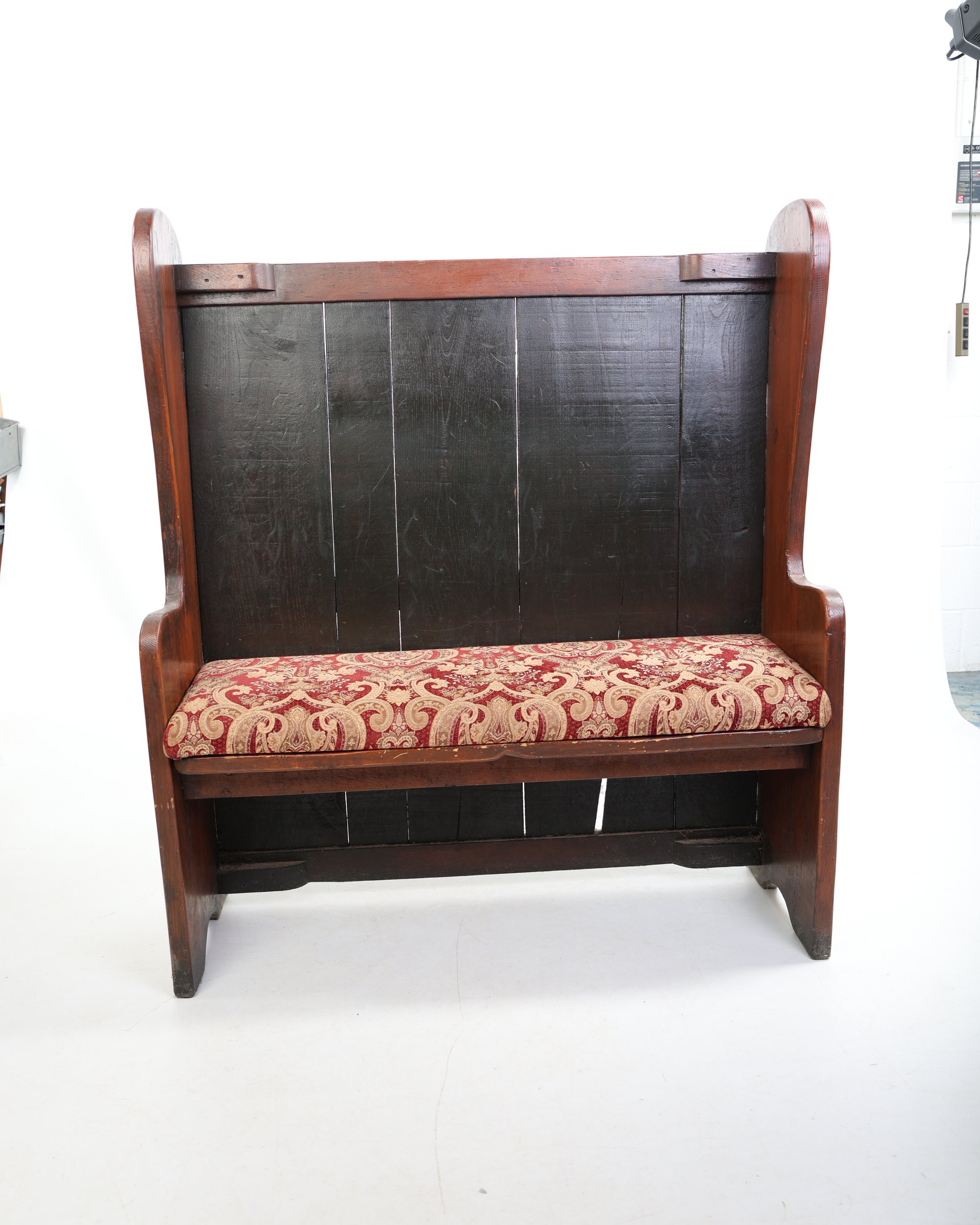 High Back Wooden Settle with Patterned Upholstered Seat