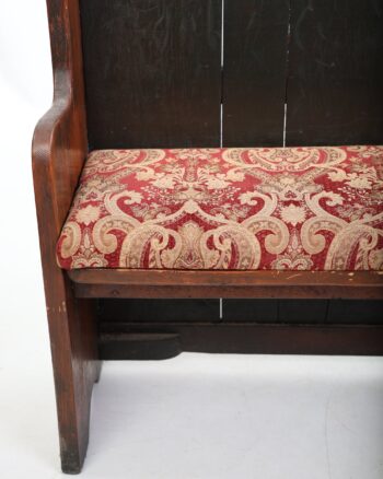 High Back Wooden Settle with Patterned Upholstered Seat