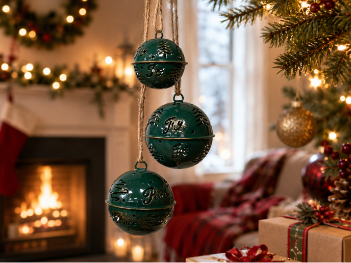 Set of 3 Green Hanging Bells Christmas Decoration