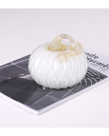 Decorative Ribbed White Glass Pumpkin with Gold Stem