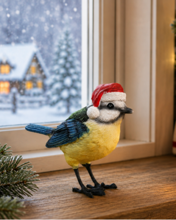 Christmas Bird Blue Tit Ornament wearing Santa Hat