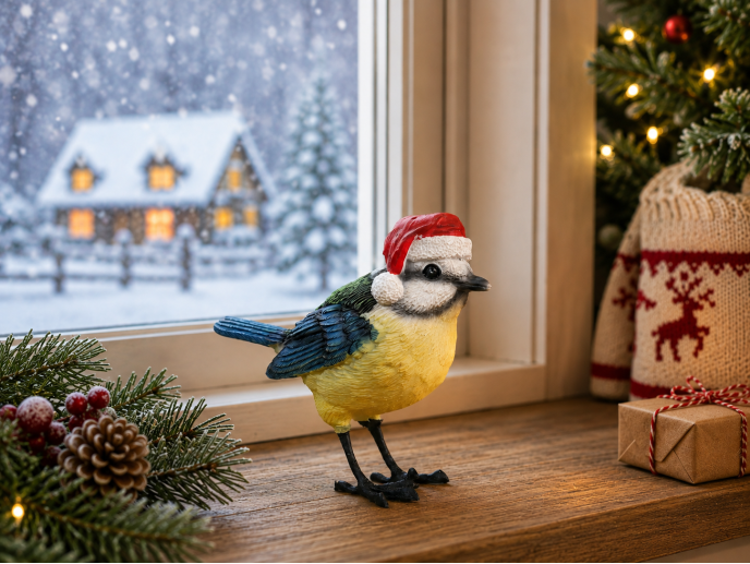 Christmas Bird Blue Tit Ornament wearing Santa Hat