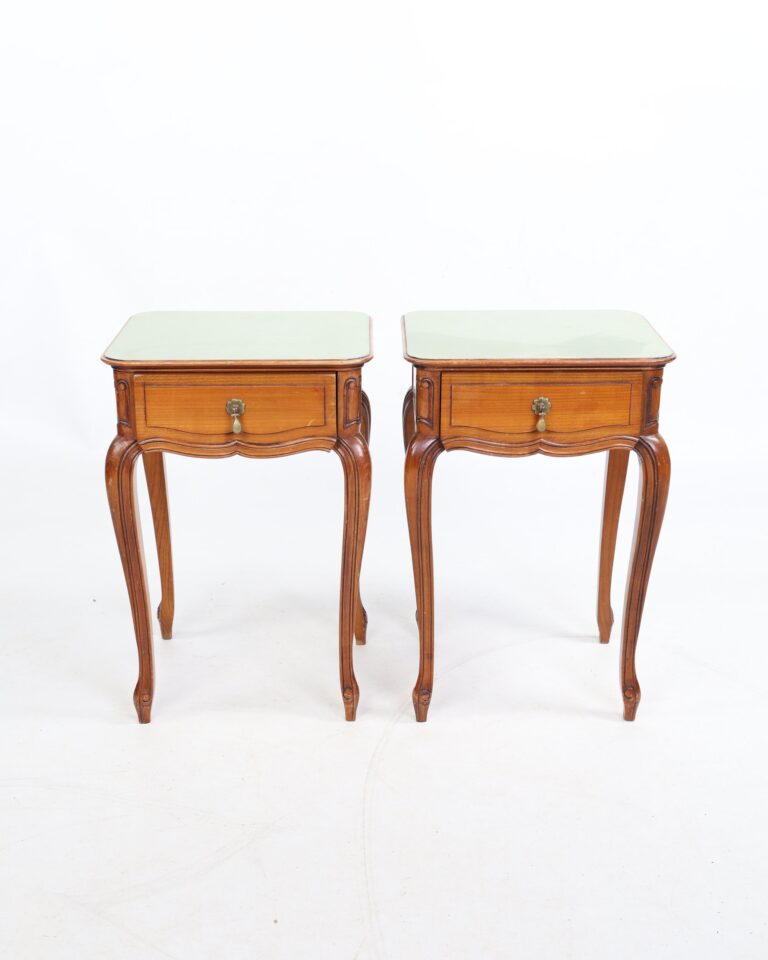 Pair of French Style Bedside Tables with Green Glass Tops