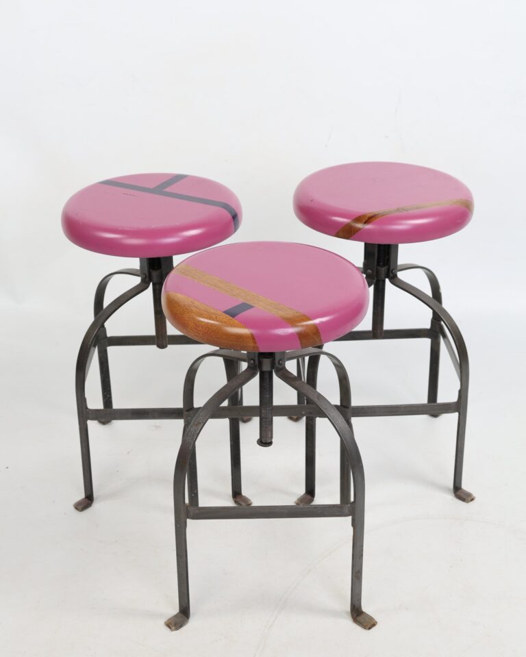 Trio of Industrial Style Adjustable Steel and Wood Stools