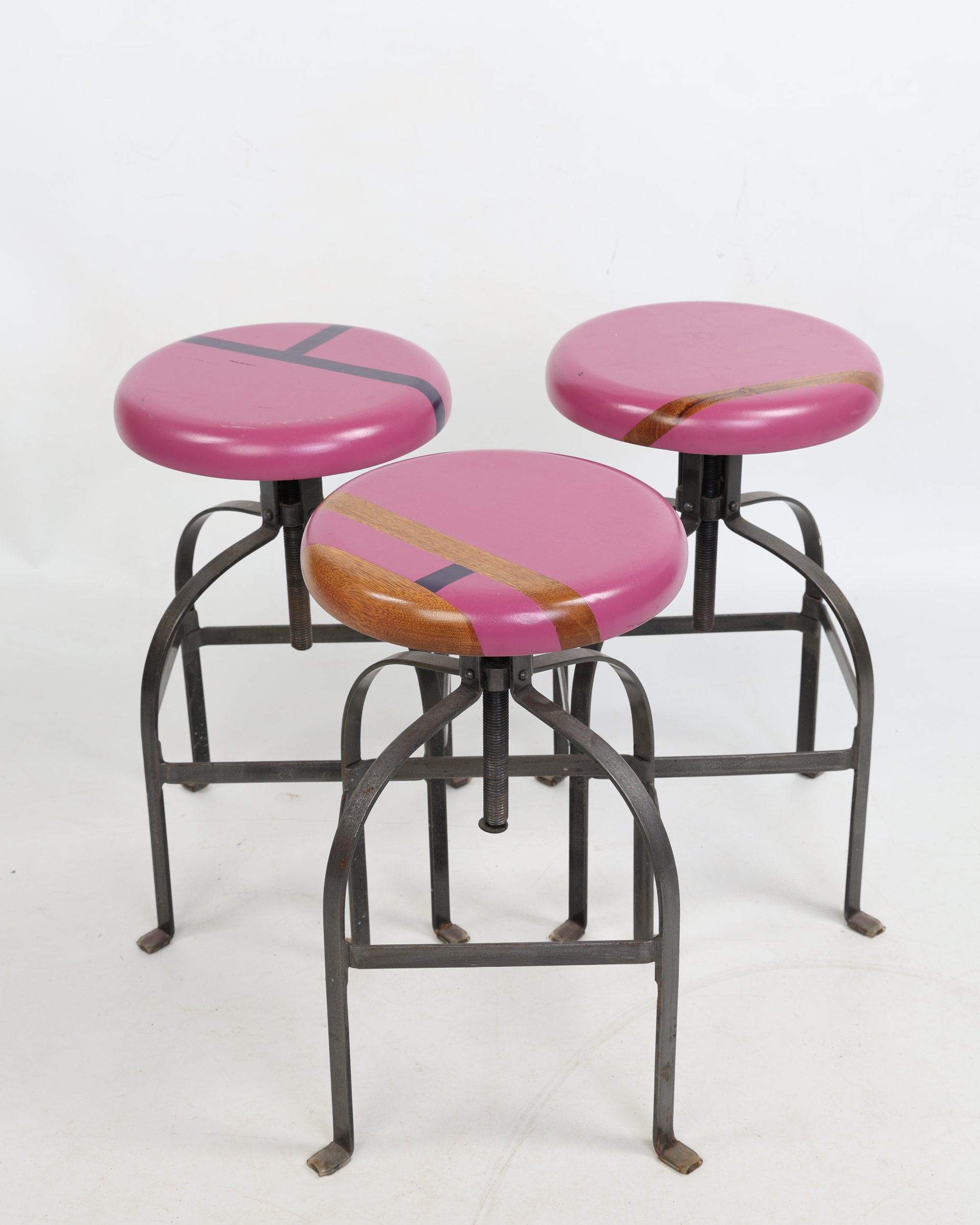 Trio of Industrial Style Adjustable Steel and Wood Stools