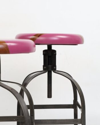 Trio of Industrial Style Adjustable Steel and Wood Stools