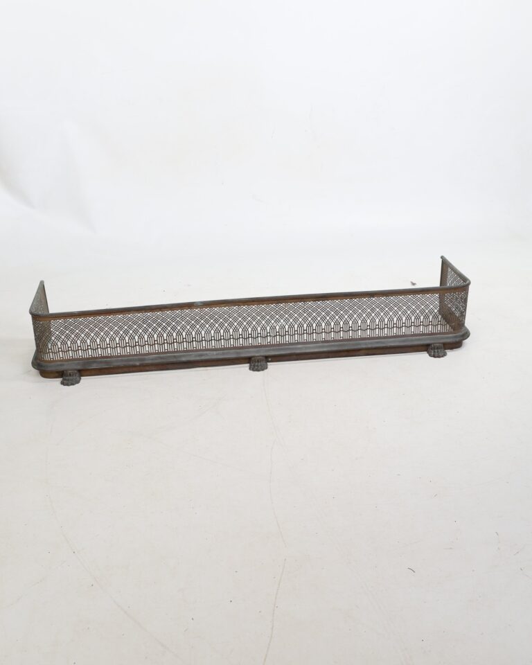 Antique Style Brass Fire Fender with Pierced Gothic Fretwork and Paw Feet