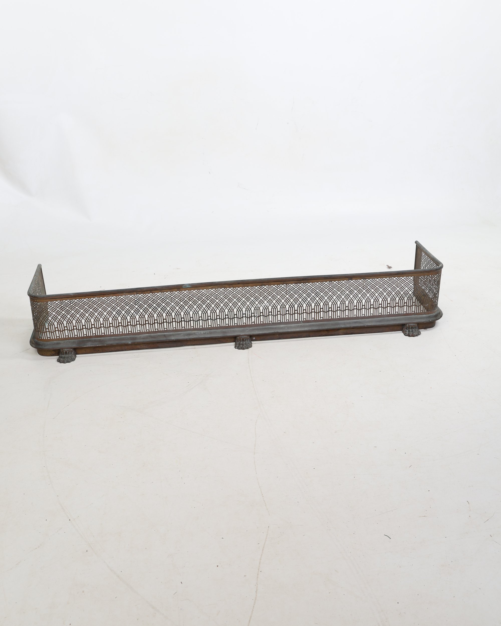 Antique Style Brass Fire Fender with Pierced Gothic Fretwork and Paw Feet