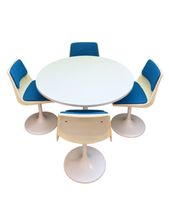 Retro Round Pedestal Dining Table with Four Blue Chairs