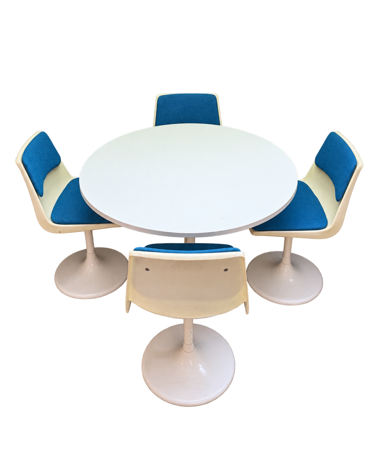 Retro Round Pedestal Dining Table with Four Blue Chairs