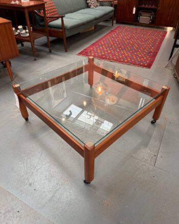 Square Glass Top Coffee Table with Wooden Frame and Castors