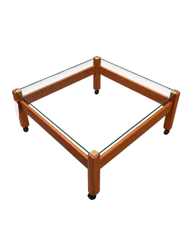 Square Glass Top Coffee Table with Wooden Frame and Castors