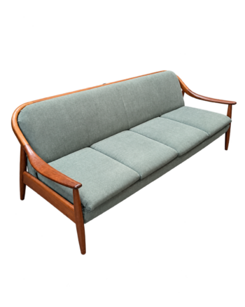 Mid Century Sofa Bed with Grey Green Upholstery and Wood Arms