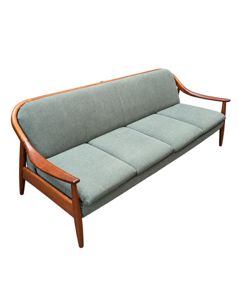 Mid Century Sofa Bed with Grey Green Upholstery and Wood Arms