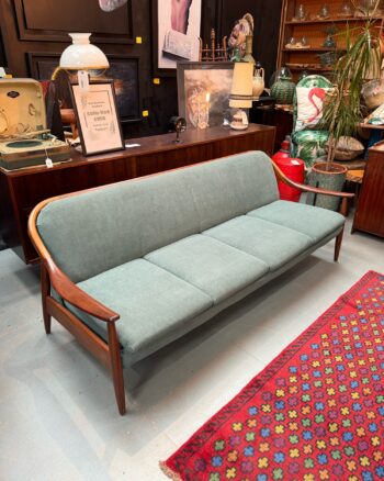 Mid Century Sofa Bed with Grey Green Upholstery and Wood Arms