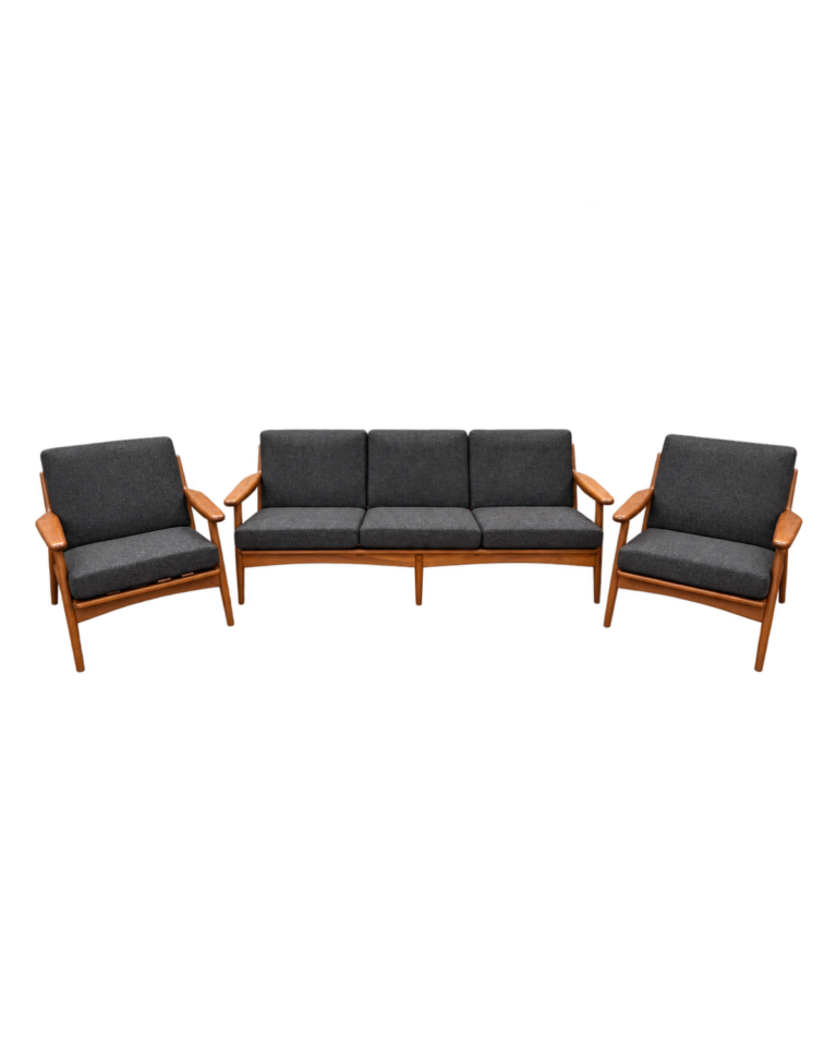 Mid Century Three Piece Lounge Suite with Charcoal Cushions