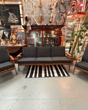 Mid Century Three Piece Lounge Suite with Charcoal Cushions