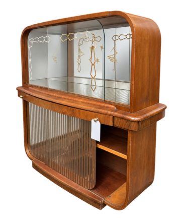 Mid Century Curved Cocktail Cabinet with Patterned Glass with background removed