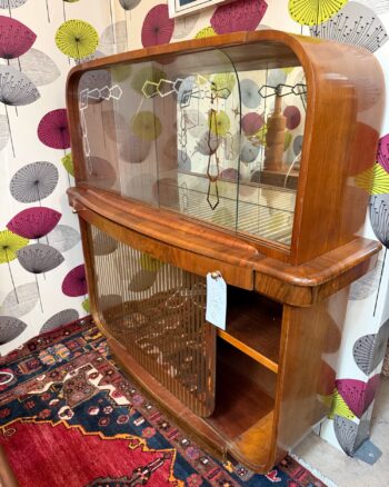 Mid Century Curved Cocktail Cabinet with Patterned Glass