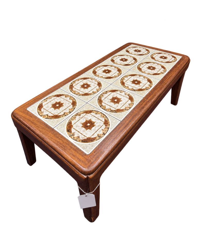 Vintage Long Wooden Coffee Table with Ten Patterned Tiles