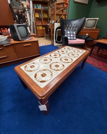 Vintage Long Wooden Coffee Table with Ten Patterned Tiles