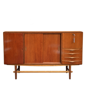 Mid Century Wooden Highboard with Sliding Doors and Drawers with background removed