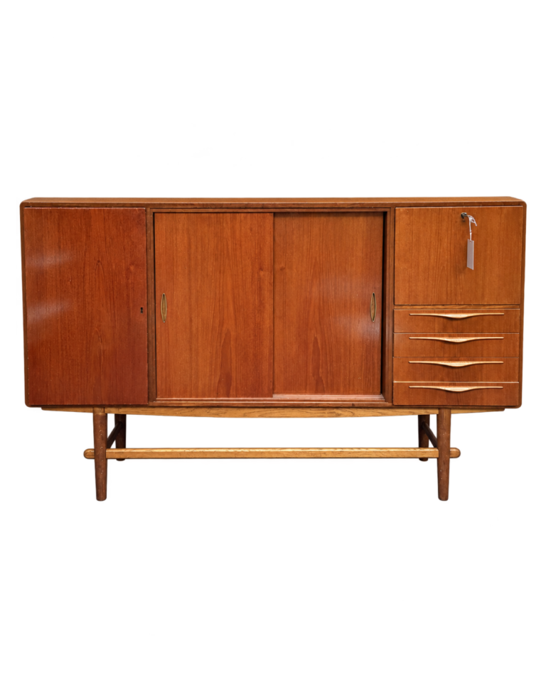 Mid Century Wooden Highboard with Sliding Doors and Drawers