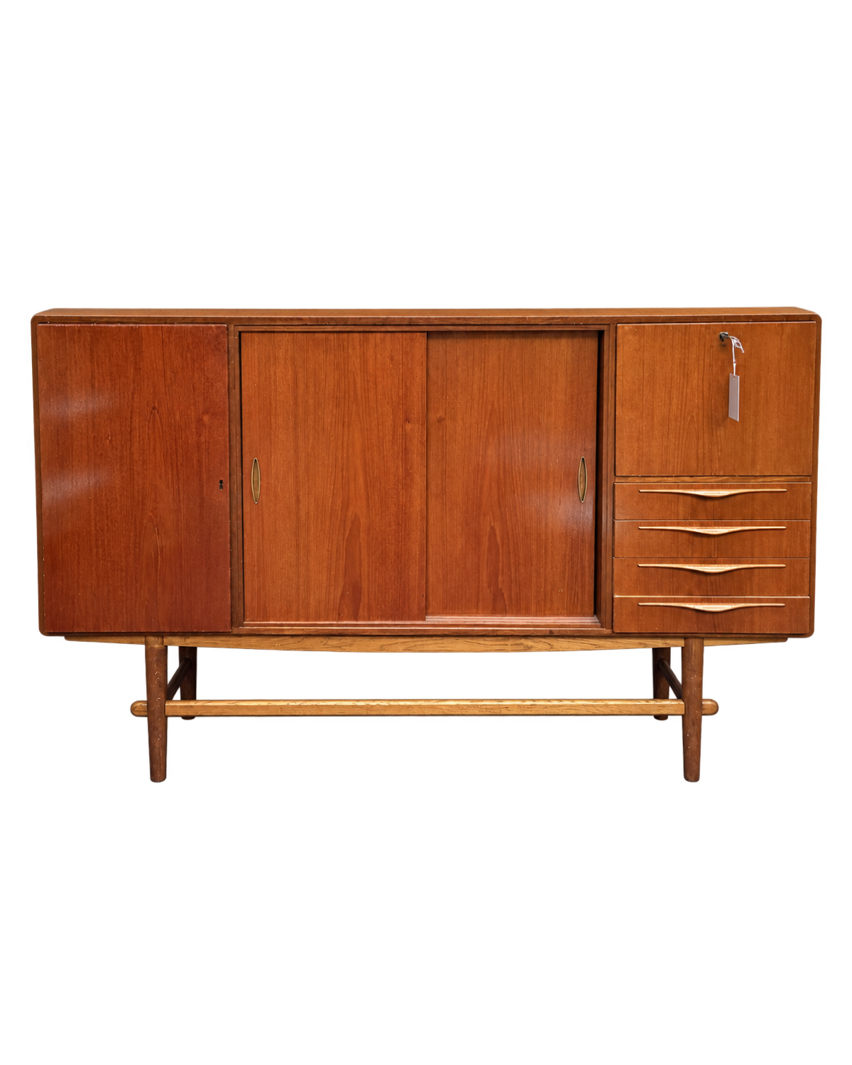 Mid Century Wooden Highboard with Sliding Doors and Drawers
