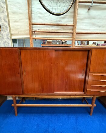 Mid Century Wooden Highboard with Sliding Doors and Drawers