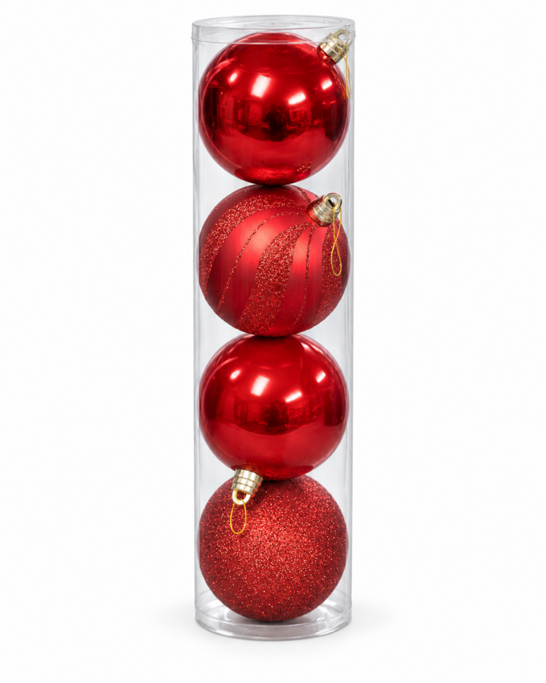 Red Christmas Baubles – Mixed Finishes, 15cm, Set of 4