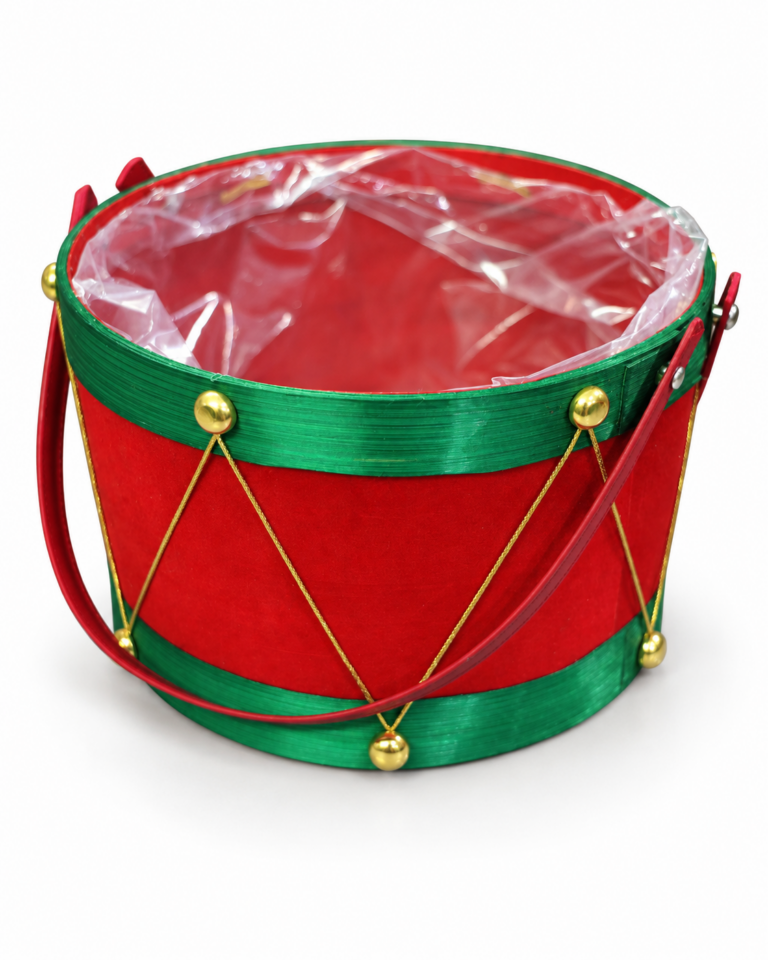 Red & Green Drum-Shaped Christmas Basket – 27cm
