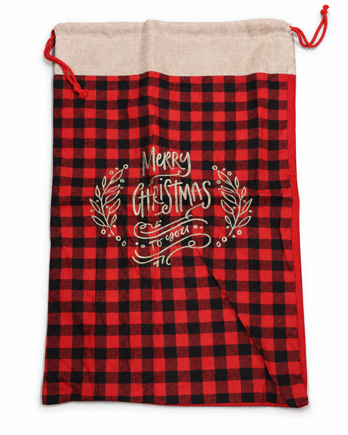 Red & Black Checked Christmas Drawstring Sack