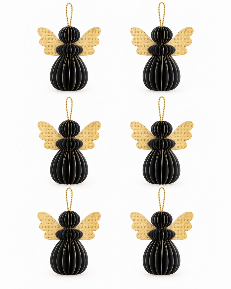 Black Paper Angel Christmas Decorations – Set of 6