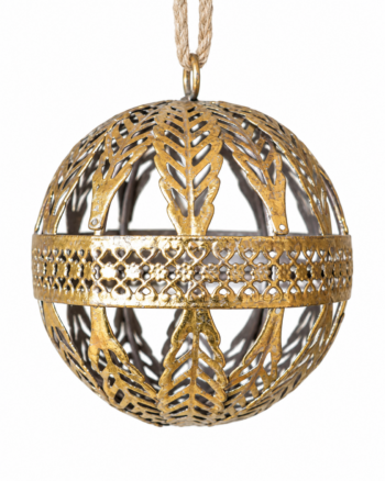 Gold-Tone Leaf-Pattern Metal Christmas Bauble – 10cm