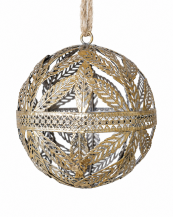 Gold-Tone Leaf-Pattern Metal Christmas Bauble – 15cm
