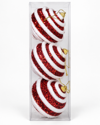 Red & White Spiral Christmas Baubles – Set of 3