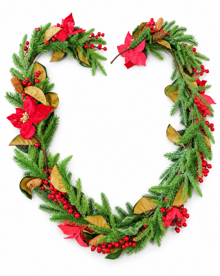 Red Poinsettia Christmas Garland with Berries & Cones – 270cm