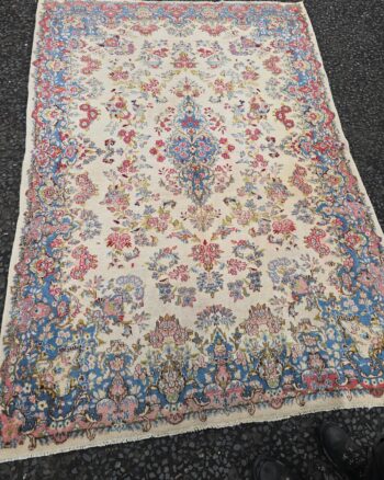 Cream and Blue Floral Patterned Persian Kerman Wool Rug – JRJ01