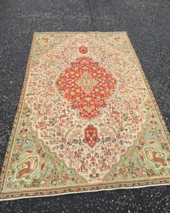 Tabriz Pattern Hunting Scene Green Cream and Orange Carpet – JRJ21