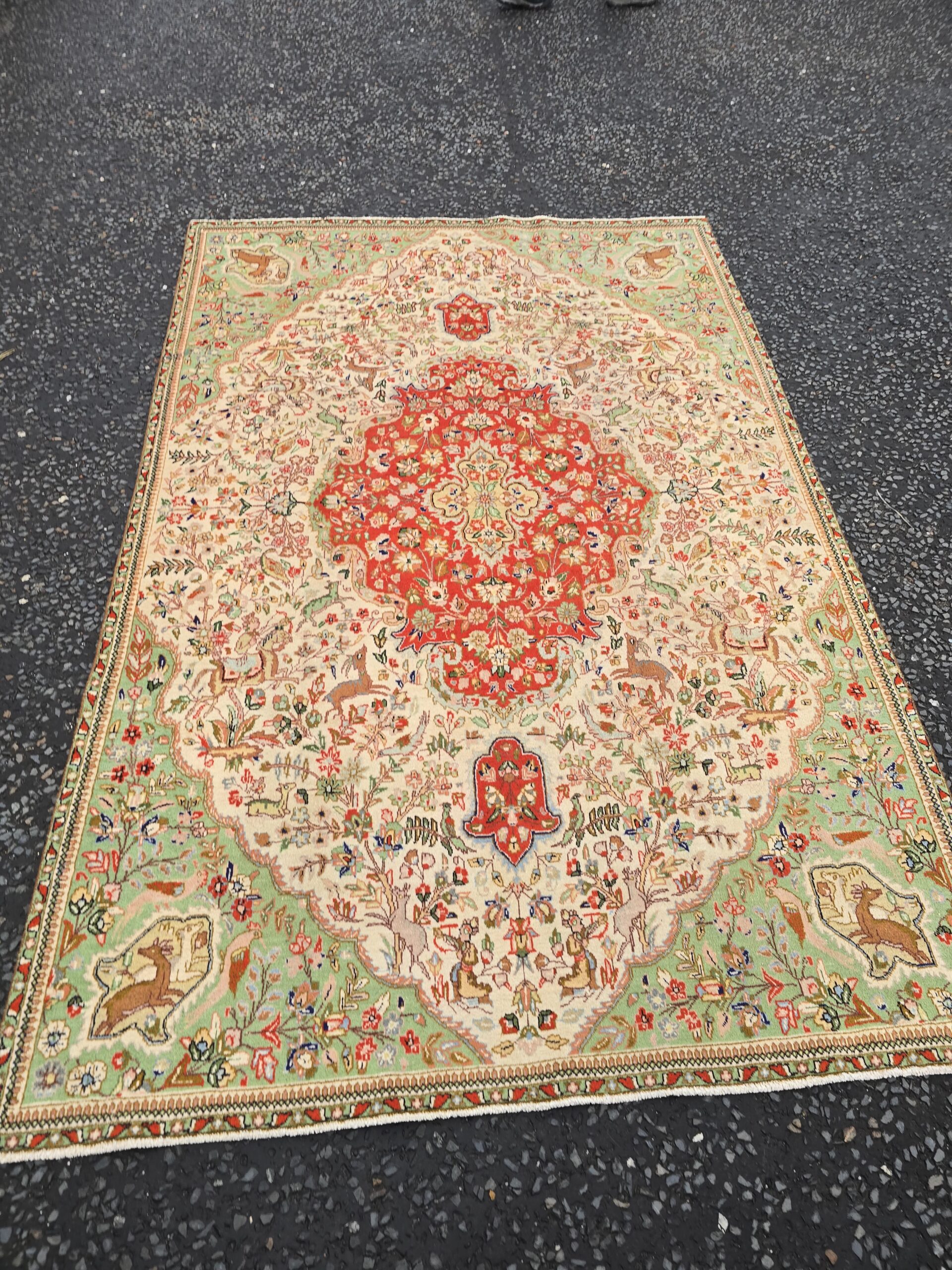 Tabriz Pattern Hunting Scene Green Cream and Orange Carpet – JRJ21