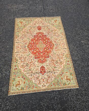 Tabriz Pattern Hunting Scene Green Cream and Orange Carpet – JRJ21