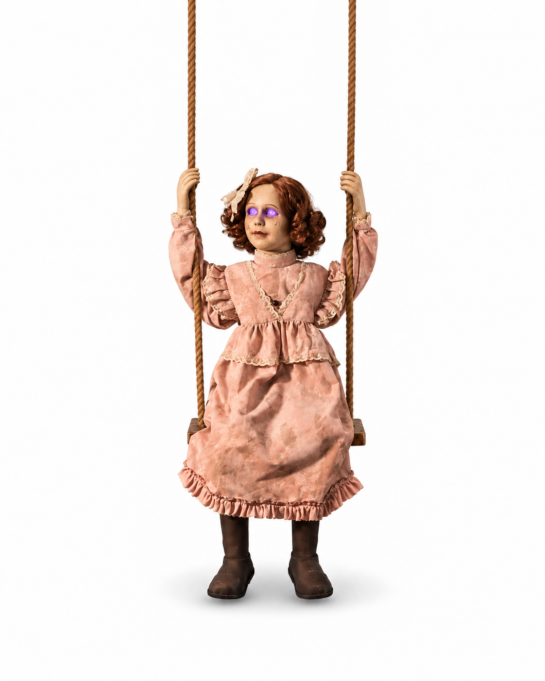 Animated Halloween Dolly Girl on Swing with Lights Animatronic Prop