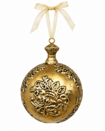 Gold Floral Christmas Bauble with Aged Finish – 15cm