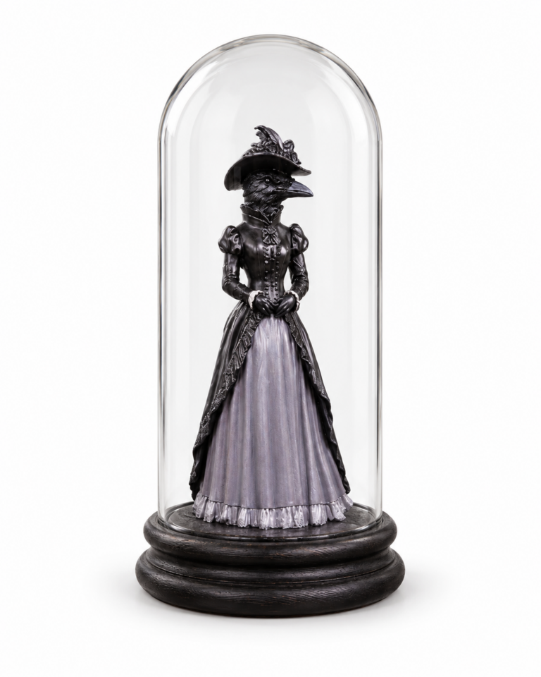 Crow Lady Figurine in Tall Glass Display Dome